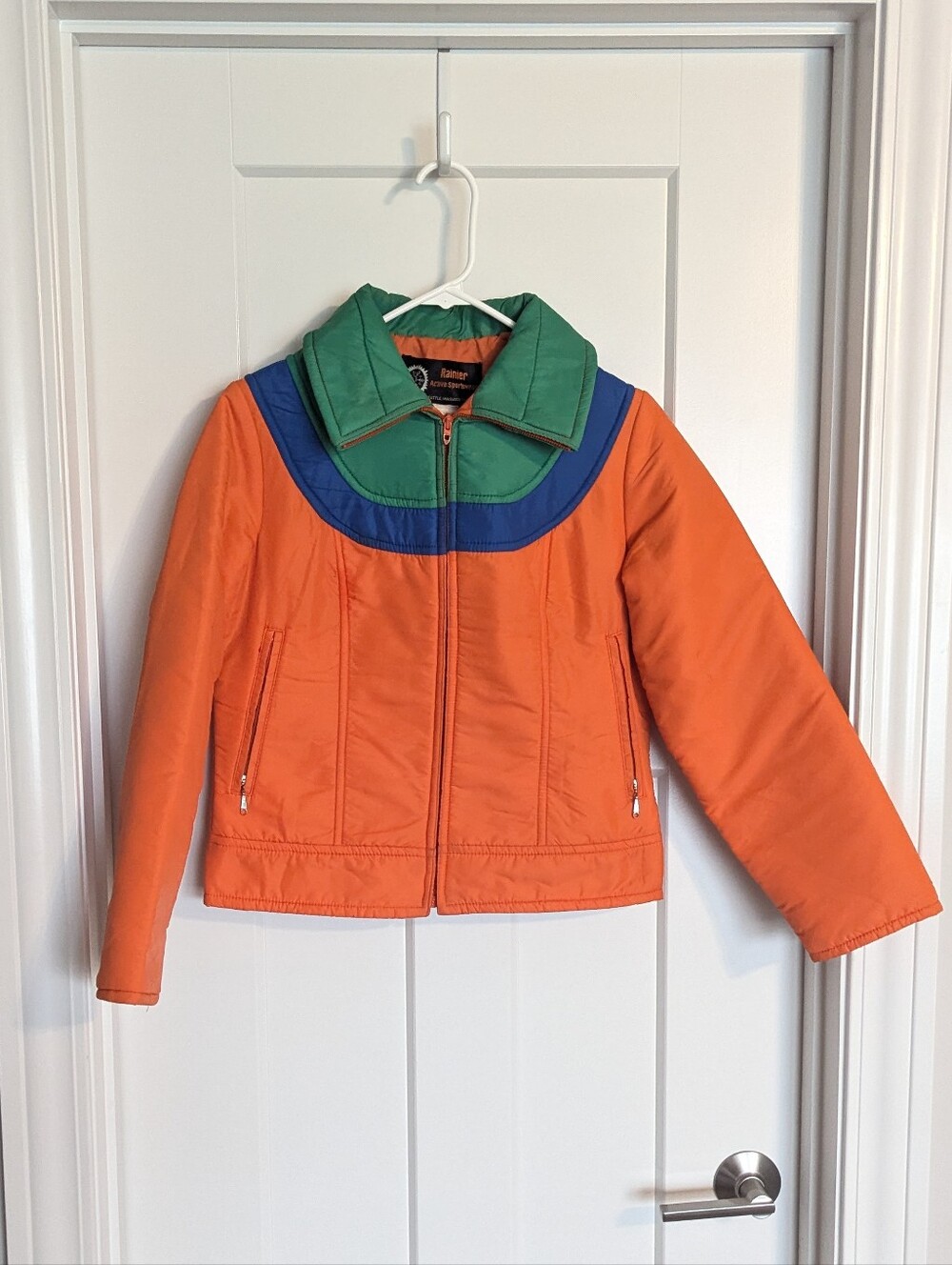 Rainier Vintage 80s Color Block Cropped Ski Jacket - Bright Orange Green sz S